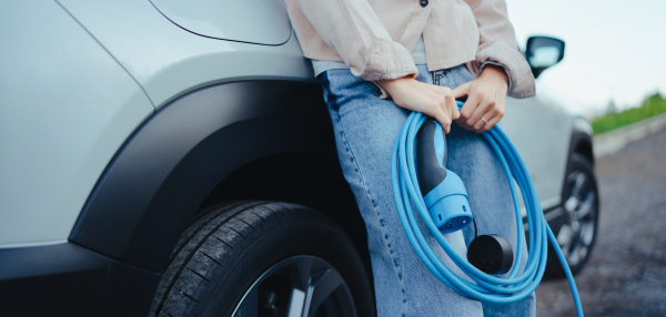 Close-up of woman holding power supply cable from her car, prepared for charging it in home, sustainable and economic transportation concept.