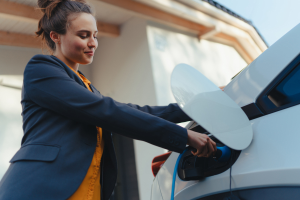 Young woman chargingher car in home, sustainable and economic transportation concept.