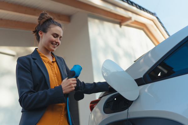 Young woman holding power supply cable from her car, prepared for charging it in home, sustainable and economic transportation concept.