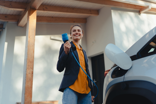 Young woman holding power supply cable from her car, prepared for charging it in home, sustainable and economic transportation concept.