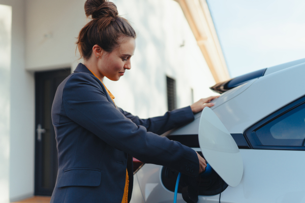 Young woman chargingher car in home, sustainable and economic transportation concept.