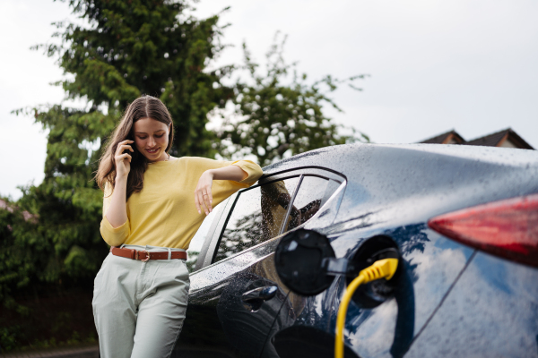 Close up of beautiful woman calling with smartphone while charging her electric car on the street in front of her house. Electric vehicle with charger in charging port.