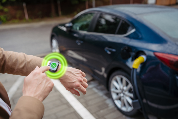 Close up of businessman with smartwatch, checking charging of the electric car. Picture with graphic element around smartwatch.