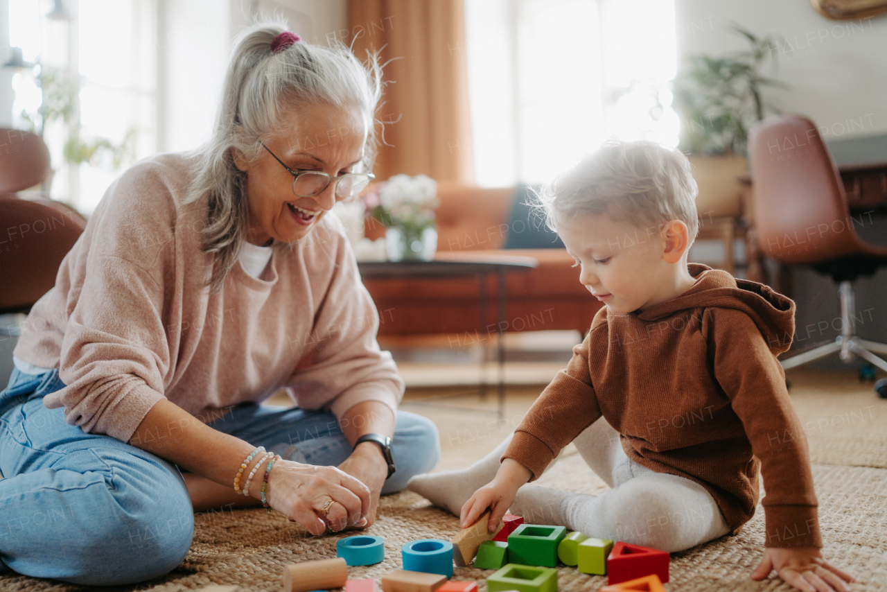 Grandmother playing with her little grandson, building a block set in his room.