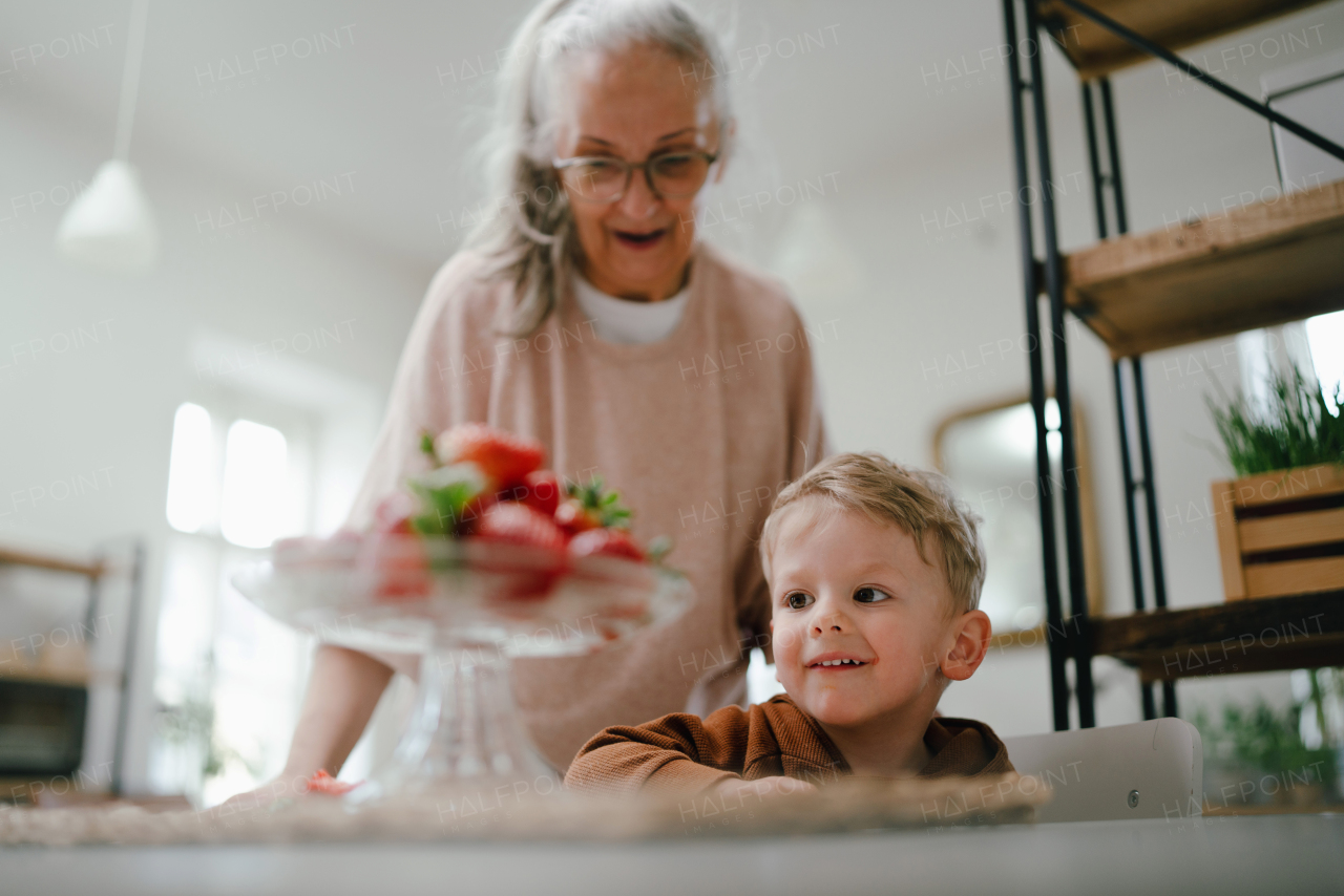 Grandmother giving homegrown strawberries to her grandson.