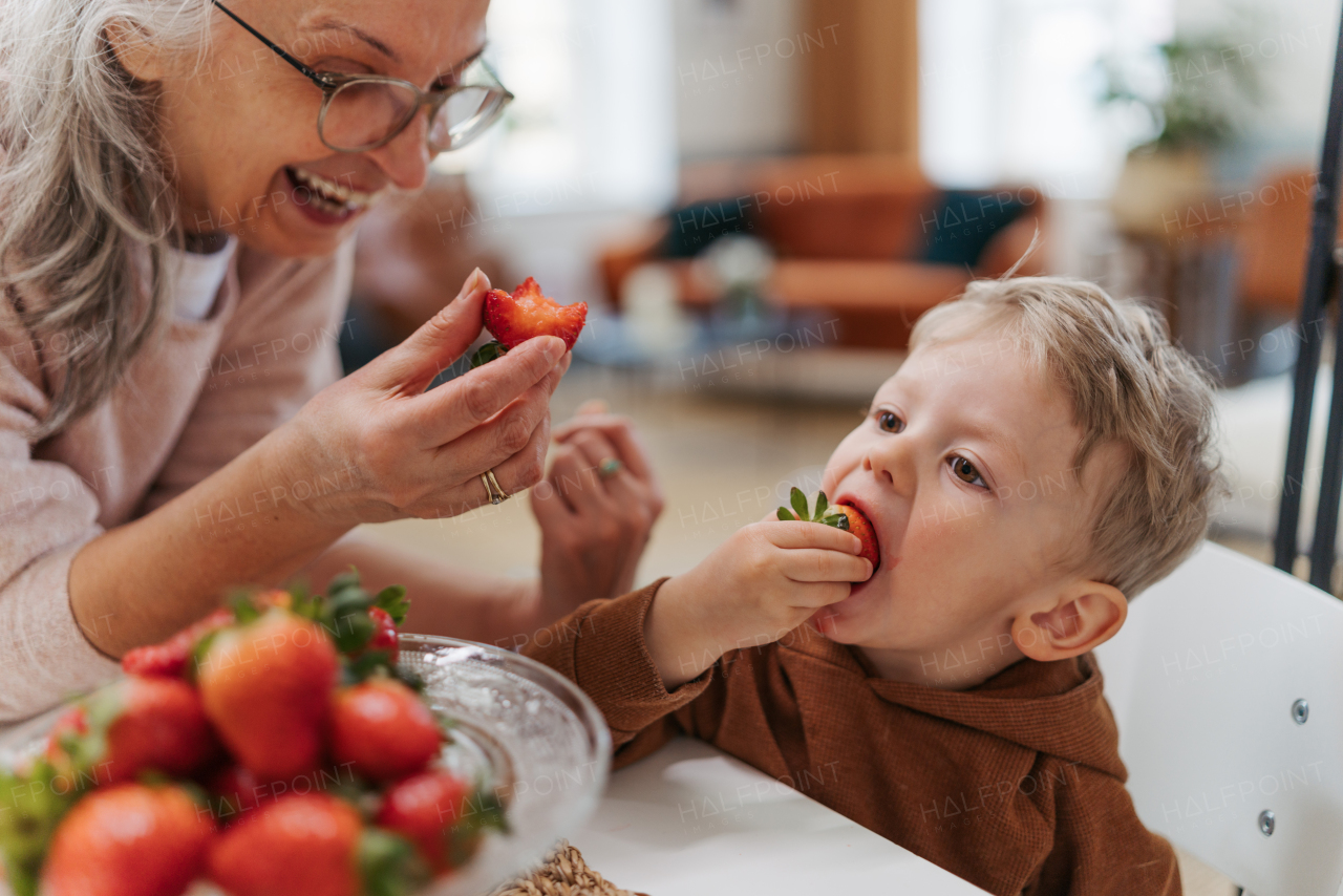 Grandmother giving homegrown strawberries to her grandson.