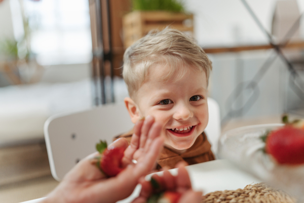 Grandmother giving homegrown strawberries to her grandson.