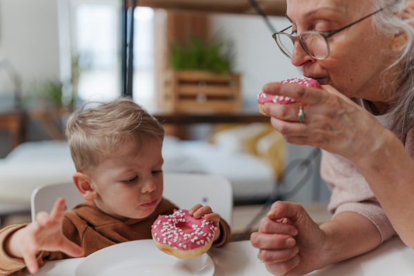 Little boy having sweet snack with his grandmother.