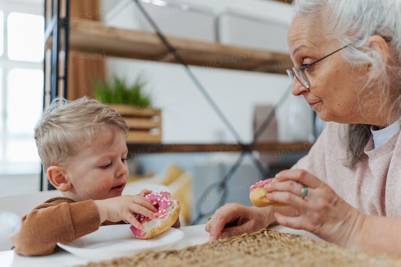 Little boy having sweet snack with his grandmother.