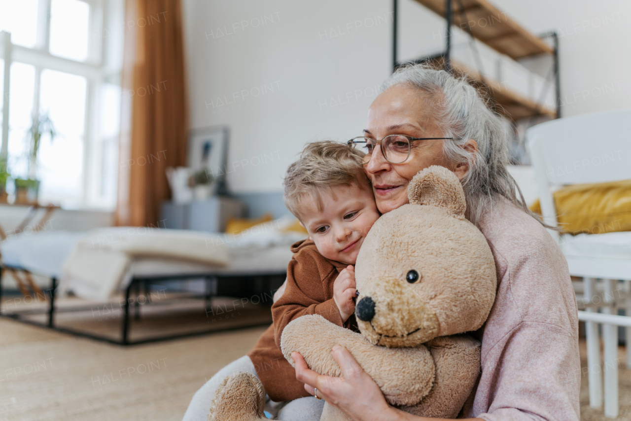 Grandmother cuddling her little grandson with a bear toy.