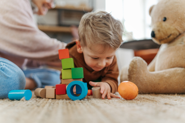 Grandmother playing with her little grandson, building a block set in his room.