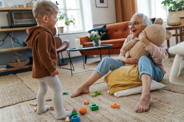 Grandmother playing with her little grandson and a bear toy.