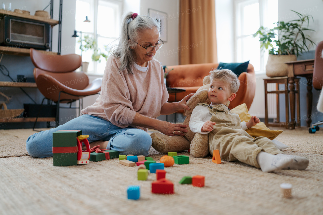 Grandmother playing with her little grandson, building a block set in his room.