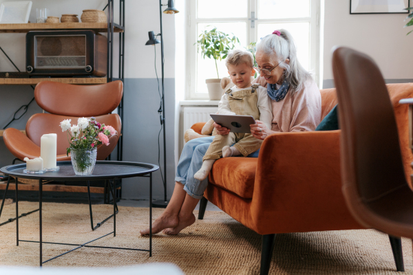 Grandmother looking fairytale with her grandson on a digital tablet.