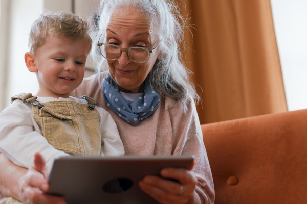 Grandmother looking fairytale with her grandson on a digital tablet.