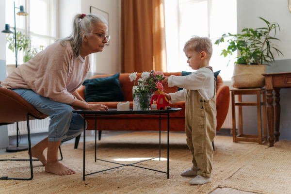 Grandmother playing with her little grandson in the living room. Playing with red wooden fire truck.