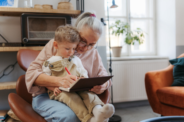 Grandmother looking fairytale with her grandson on a digital tablet.