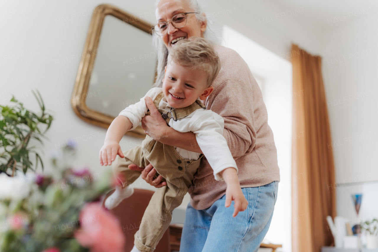 Senior woman having fun with little grandson.