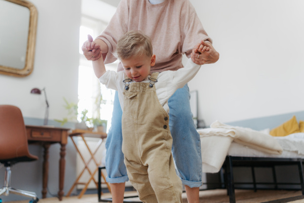 Grandmother teaching her little grandson to walk at home.