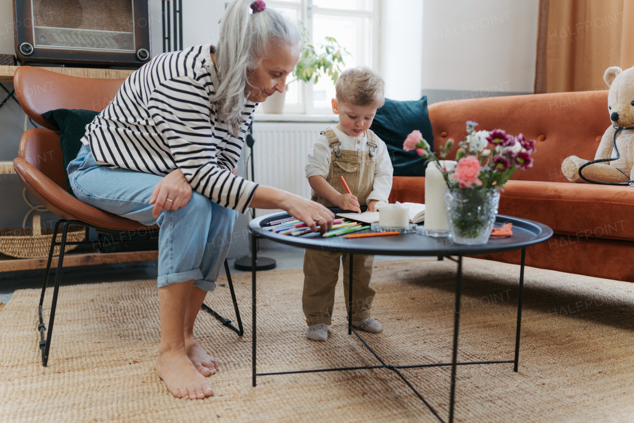 Grandmother drawing a picture with her little grandson.