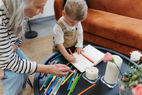 Grandmother drawing a picture with her little grandson.