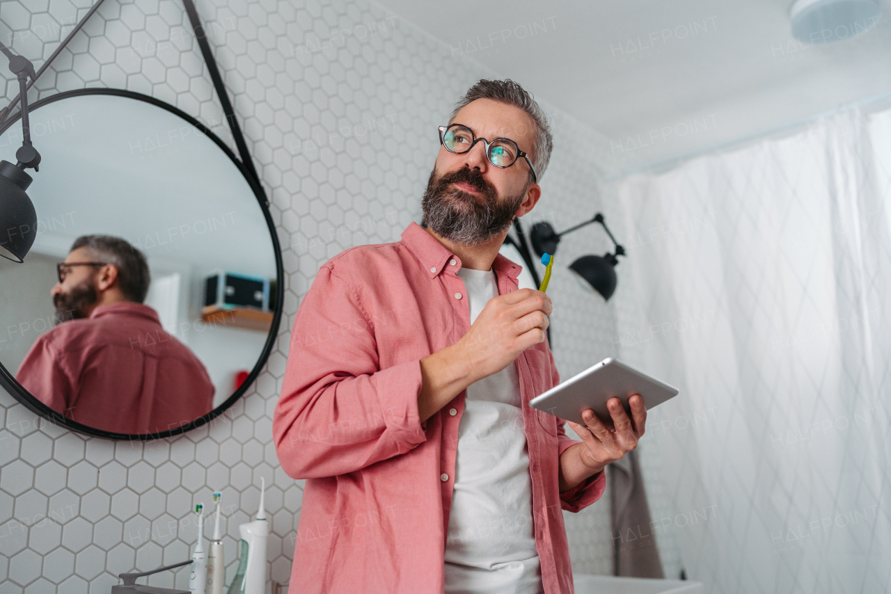 Man shopping online while brushing his teeth in bathroom. Holding tablet, scrolling and buying in eshop with toothbrush in mouth.