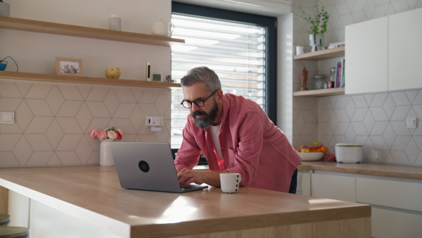 Mature man in pink shirt working from home on laptop, standing by kitchen island, with cup of coffee, holding smartphone. Concept of remote work from home. Hygge at work.