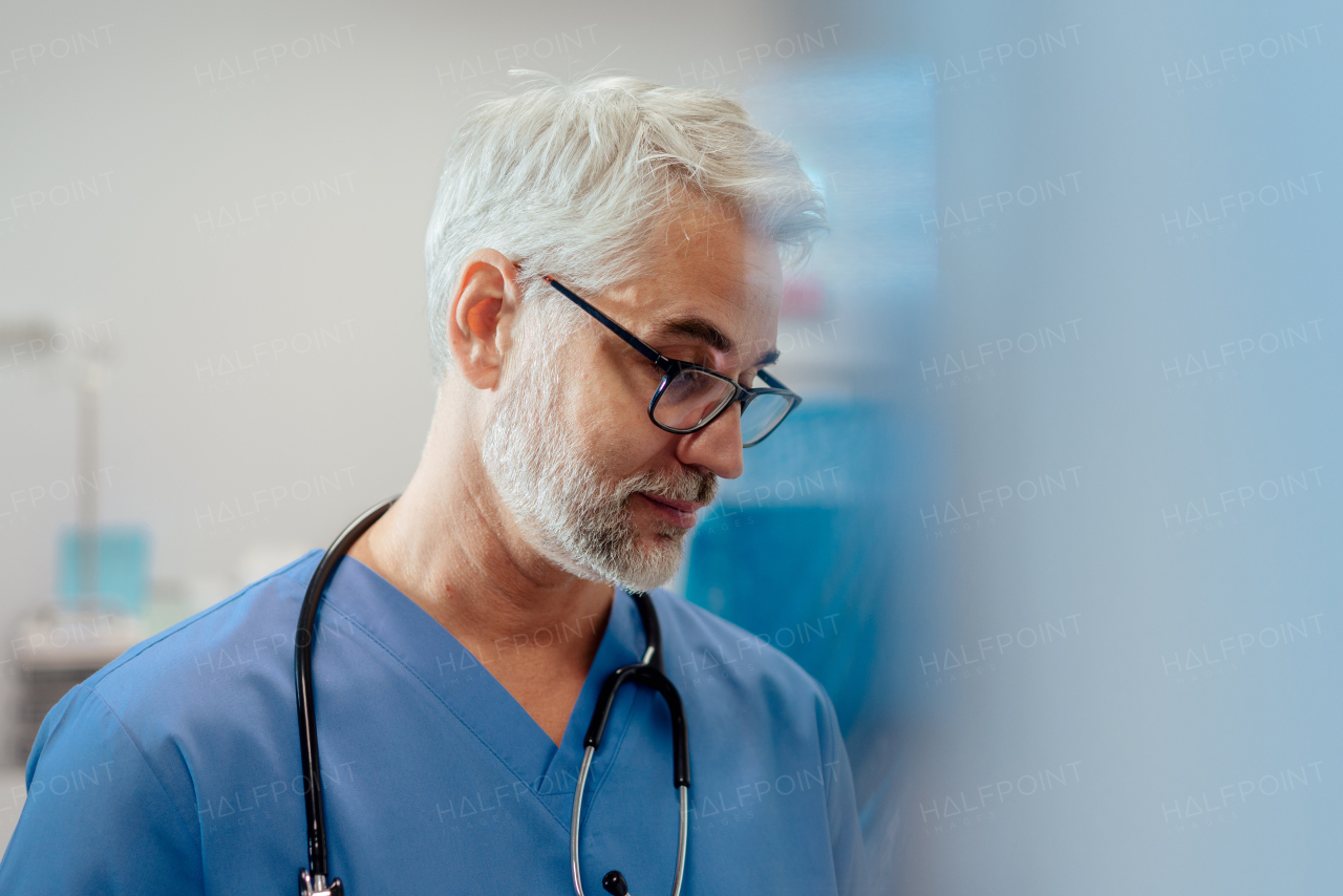 Portrait of confident ER doctor standing in hospital emergency room. Handsome doctor in blue scrubs with stethoscope, standing in modern private clinic.