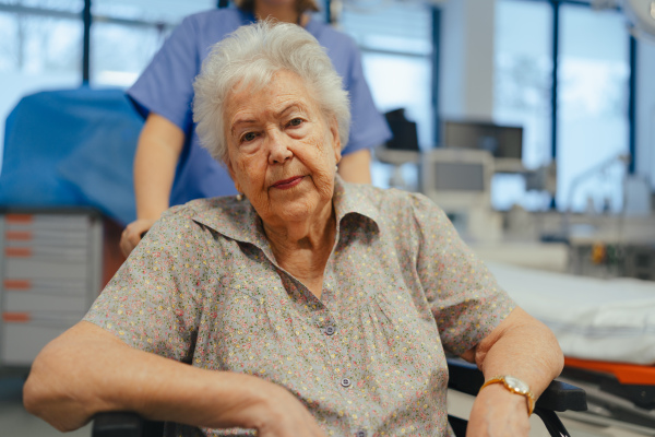 Portrait of nurse pushing senior patient in a wheelchair across hospital corridor, hall. Emotional support for elderly woman.