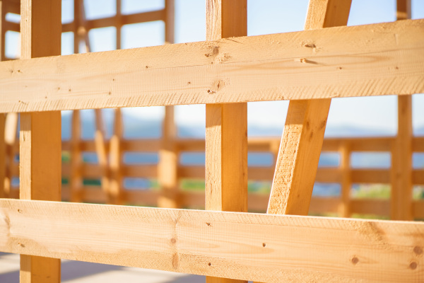 Close up of construction of an ecological renewable low energy sustainable wooden eco house.