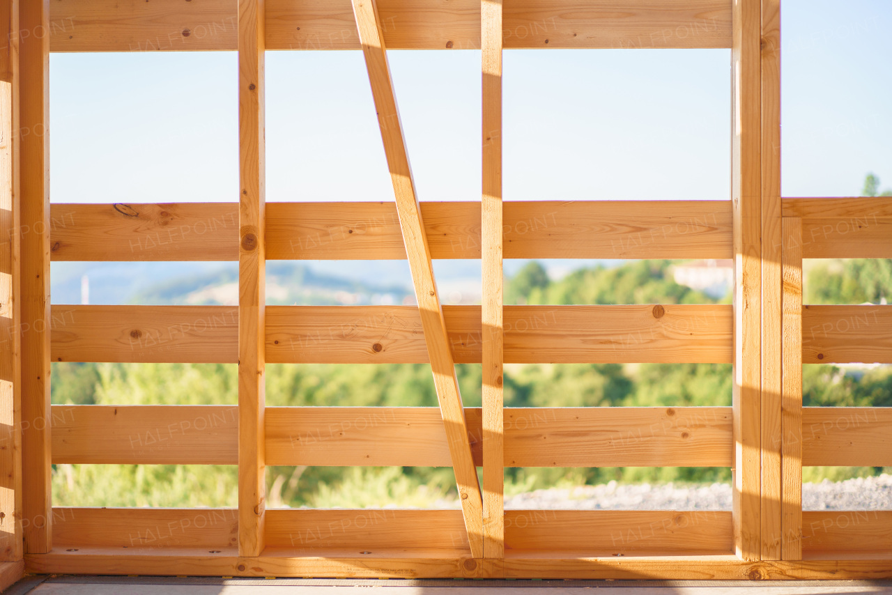 Close up of construction of an ecological renewable low energy sustainable wooden eco house.