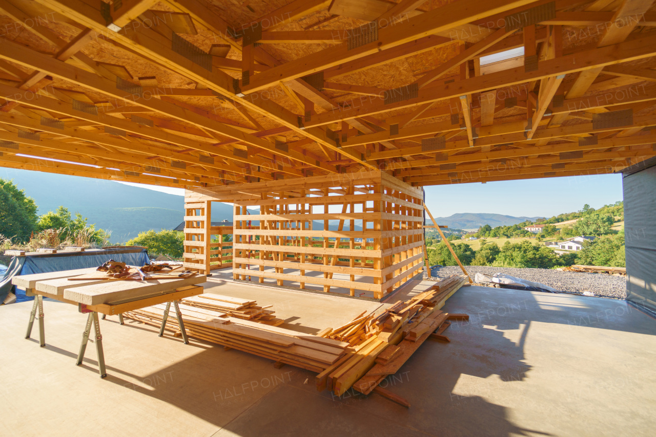 Construction of an ecological renewable low energy sustainable wooden eco house.