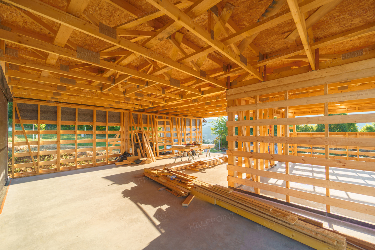 Construction of an ecological renewable low energy sustainable wooden eco house.