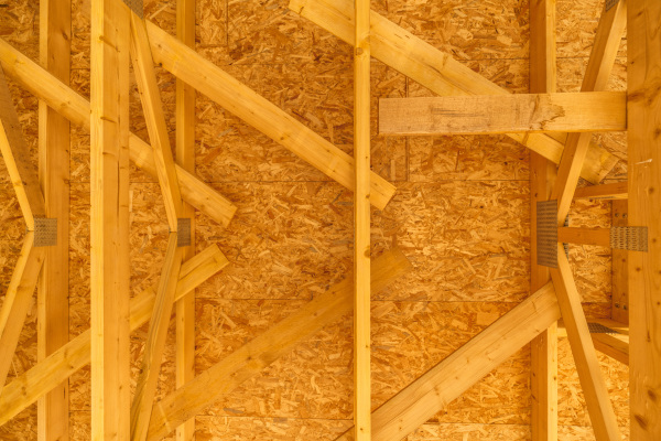 Close up of roof construction of an ecological renewable low energy sustainable wooden eco house.