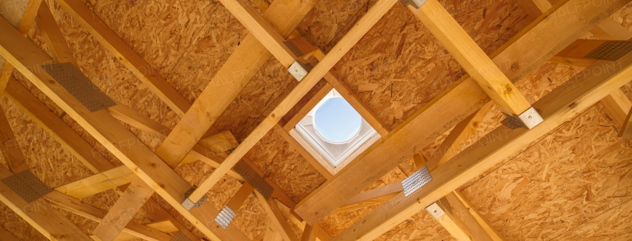 Close up of roof construction of an ecological renewable low energy sustainable wooden eco house.