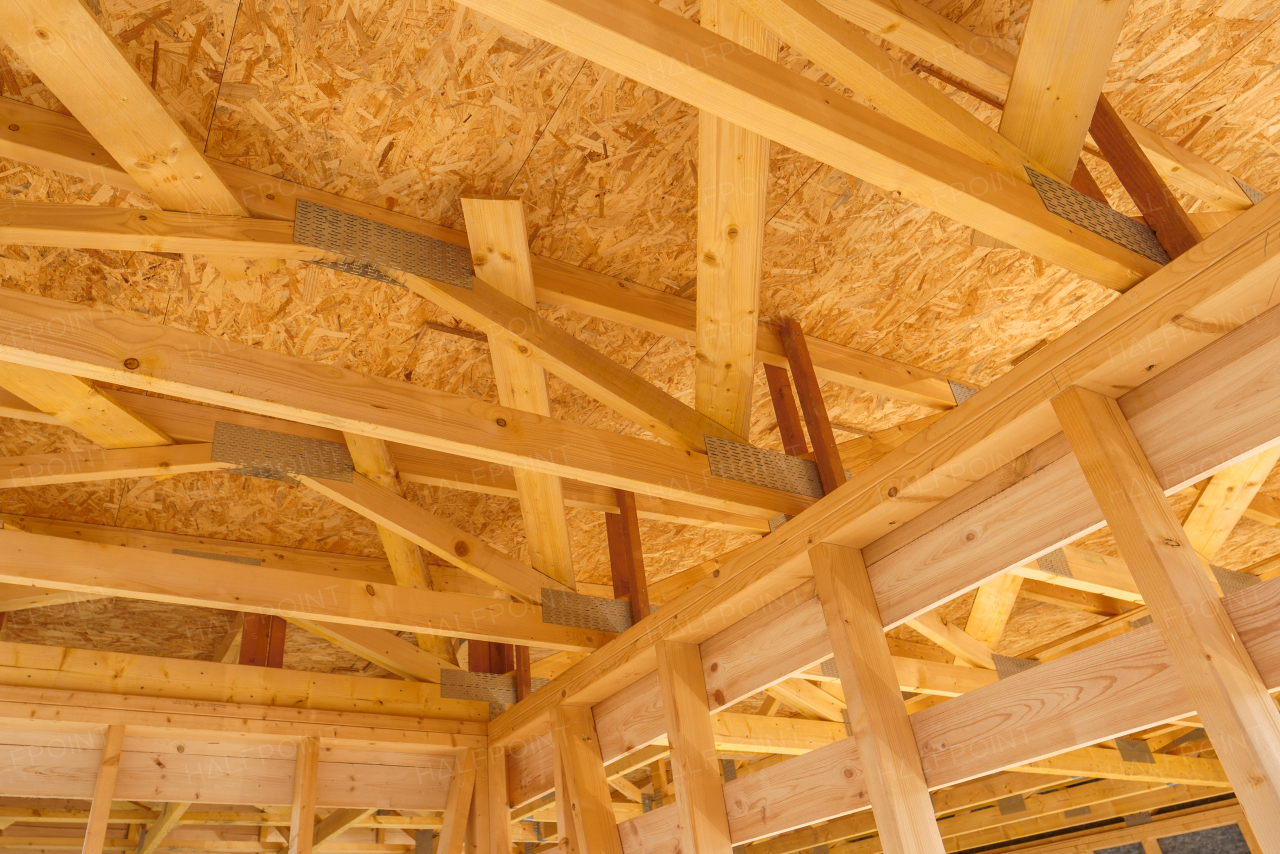 Close up of roof construction of an ecological renewable low energy sustainable wooden eco house.