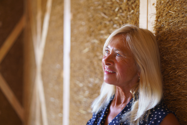 Portrait of a happy senior woman inside of her new unfinished ecological wooden house.