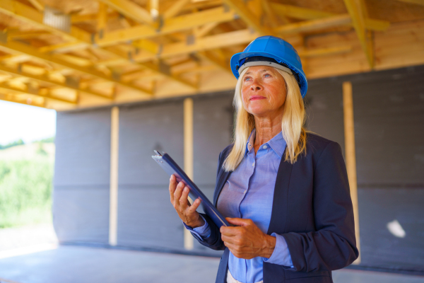 Elderly woman with a protective helmet working as an architect doing expertise at construction of ecological renewable low energy sustainable wooden eco house.