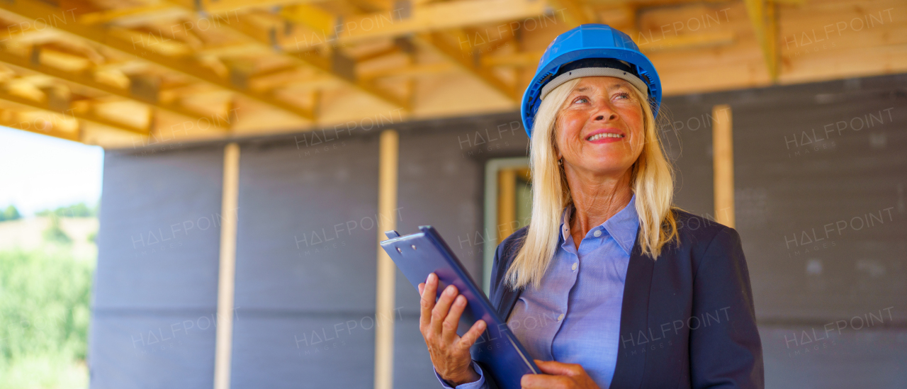 Elderly woman with a protective helmet working as an architect doing expertise at construction of ecological renewable low energy sustainable wooden eco house.