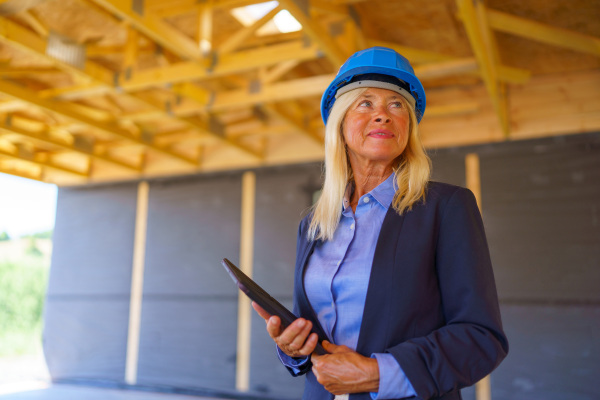 Elderly woman with a protective helmet working as an architect doing expertise at construction of ecological renewable low energy sustainable wooden eco house.