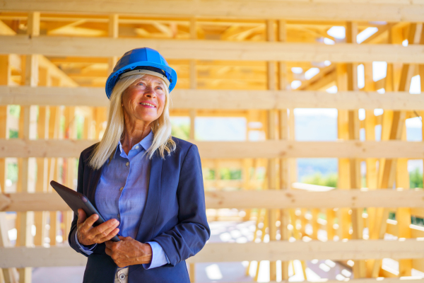 Elderly woman with a protective helmet working as an architect doing expertise at construction of ecological renewable low energy sustainable wooden eco house.