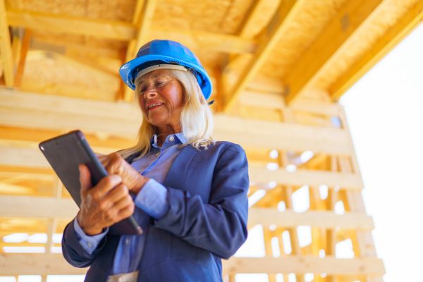 Elderly woman with a protective helmet working as an architect doing expertise at construction of ecological renewable low energy sustainable wooden eco house.