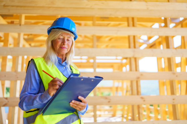 Elderly woman with a protective helmet and yellow vest working as an engineer, doing expertise at construction of ecological sustainable wooden eco house.