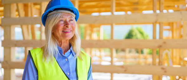 Portrait of elderly woman with protective helmet and yellow vest working at sustainable wooden eco house.