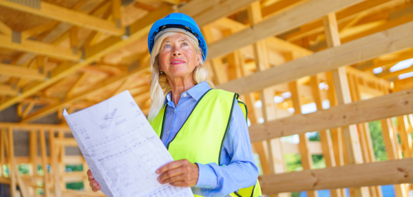 Elderly woman with a protective helmet and yellow vest working as an engineer, doing expertise at construction of ecological renewable low energy sustainable wooden eco house.