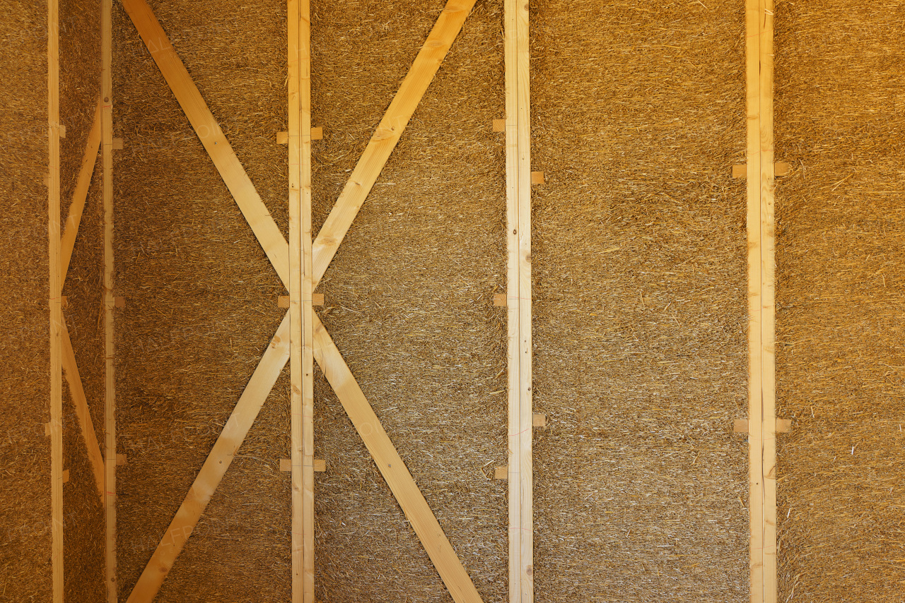 Close-up of detail at construction of an ecological renewable low energy sustainable wooden eco house.