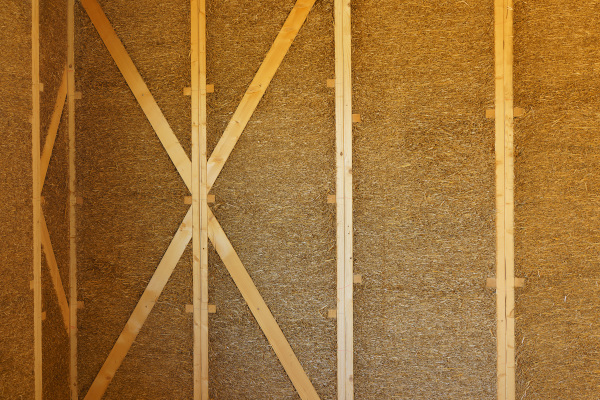 Close-up of detail at construction of an ecological renewable low energy sustainable wooden eco house.