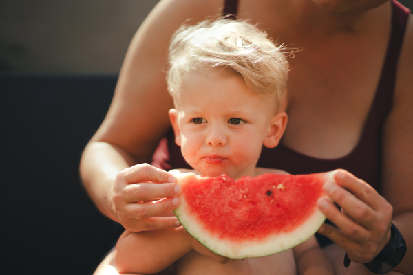 A cute little boy with unrecognizable mother eating watermelon in garden in summer.