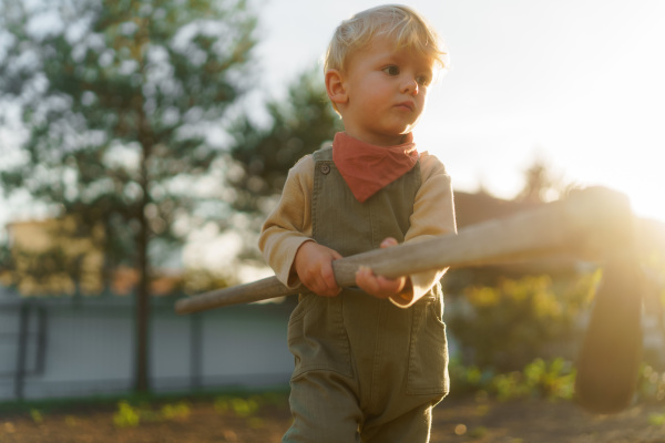 Little boy with a hoe working in garden during autumn day.