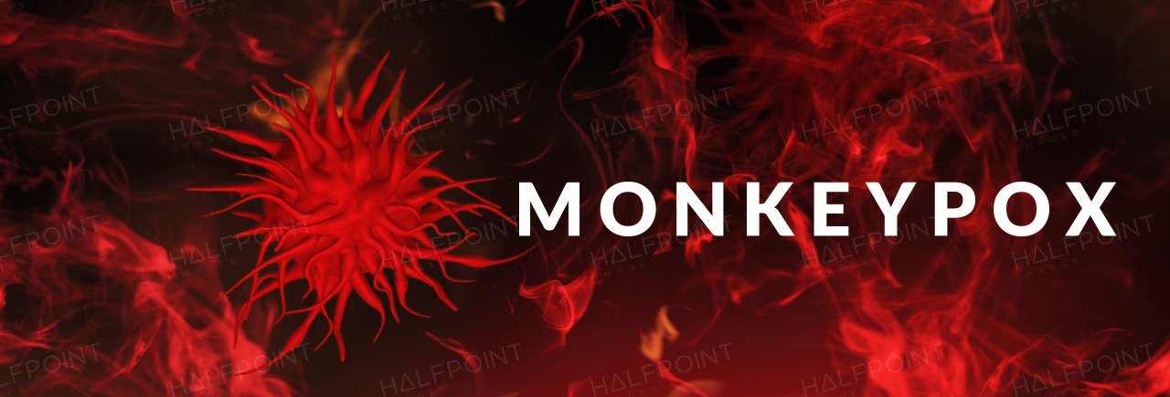 A monkeypox virus cells outbreak wide medical banner. Monkeypox virus cells on dark sciense background.